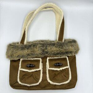 Bath & Body Works Brown Suede Leather Faux Fur Shoulder Tote Bag 14"x9"x2.5"